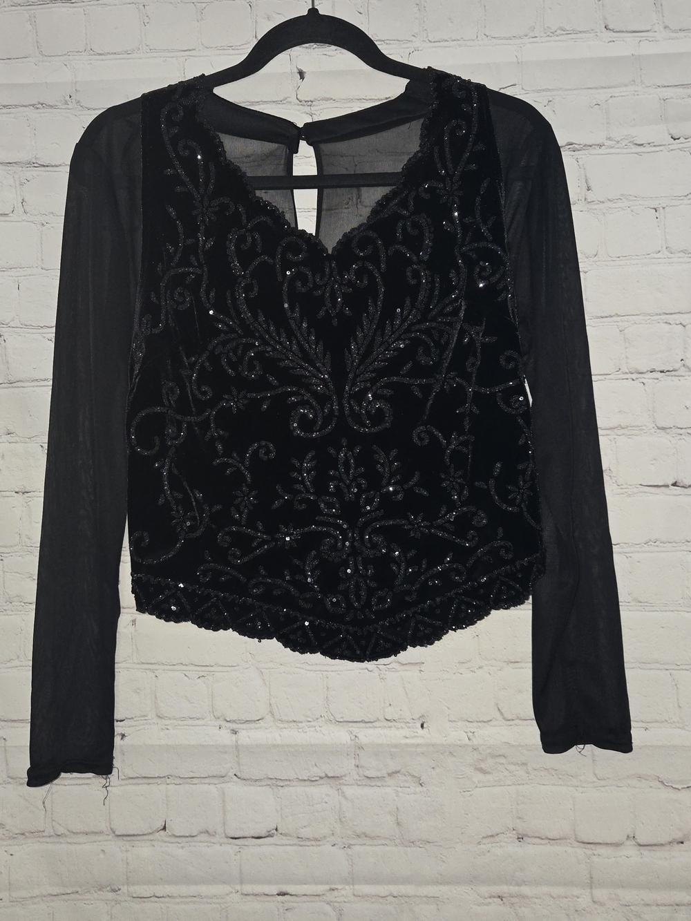 MSK Black Beaded Velvet Mesh Sleeve Blouse M Whimsigoth Fairy‎ Grunge Y2k